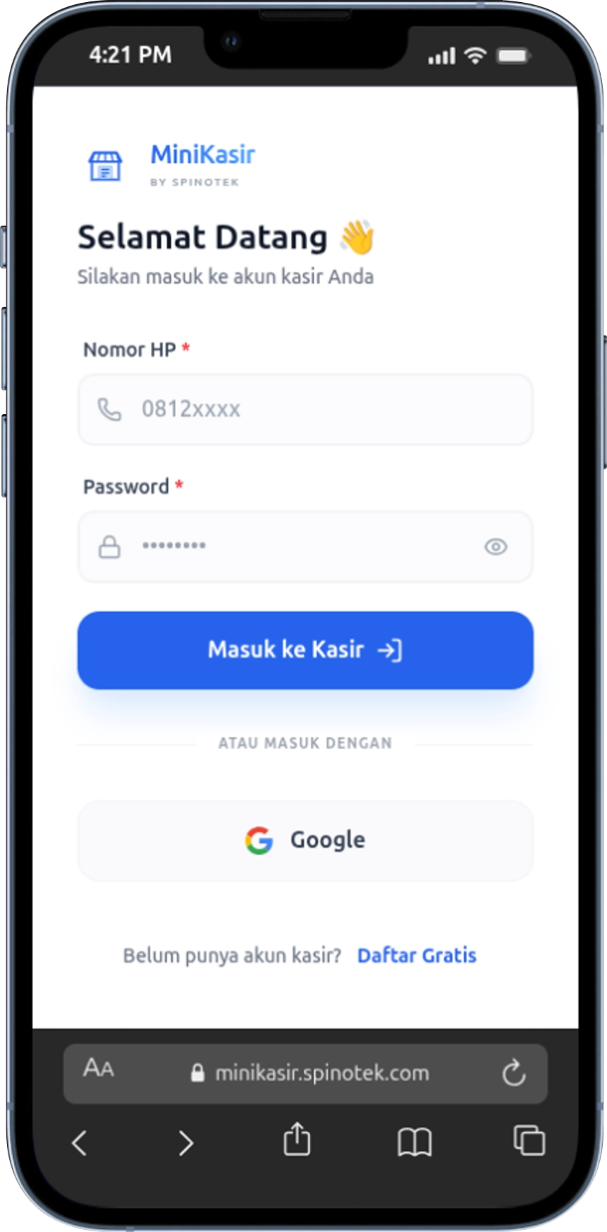 Tampilan Login MiniKasir - Masuk dengan Mudah