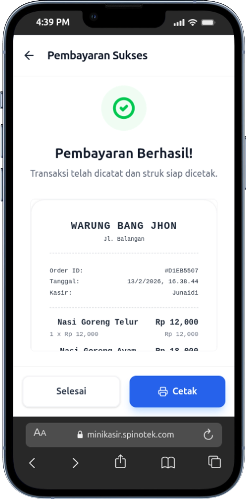 Bukti Pembayaran Berhasil & Cetak Struk